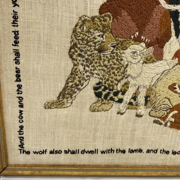 Vtg Framed Crewel Wall Hanging Isaiah 11:6-7 Biblical Large Finished Embroidery - Picture 3 of 16